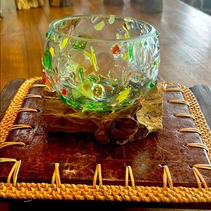 Handcrafted Glass Art Bowl with Multicolor Accents